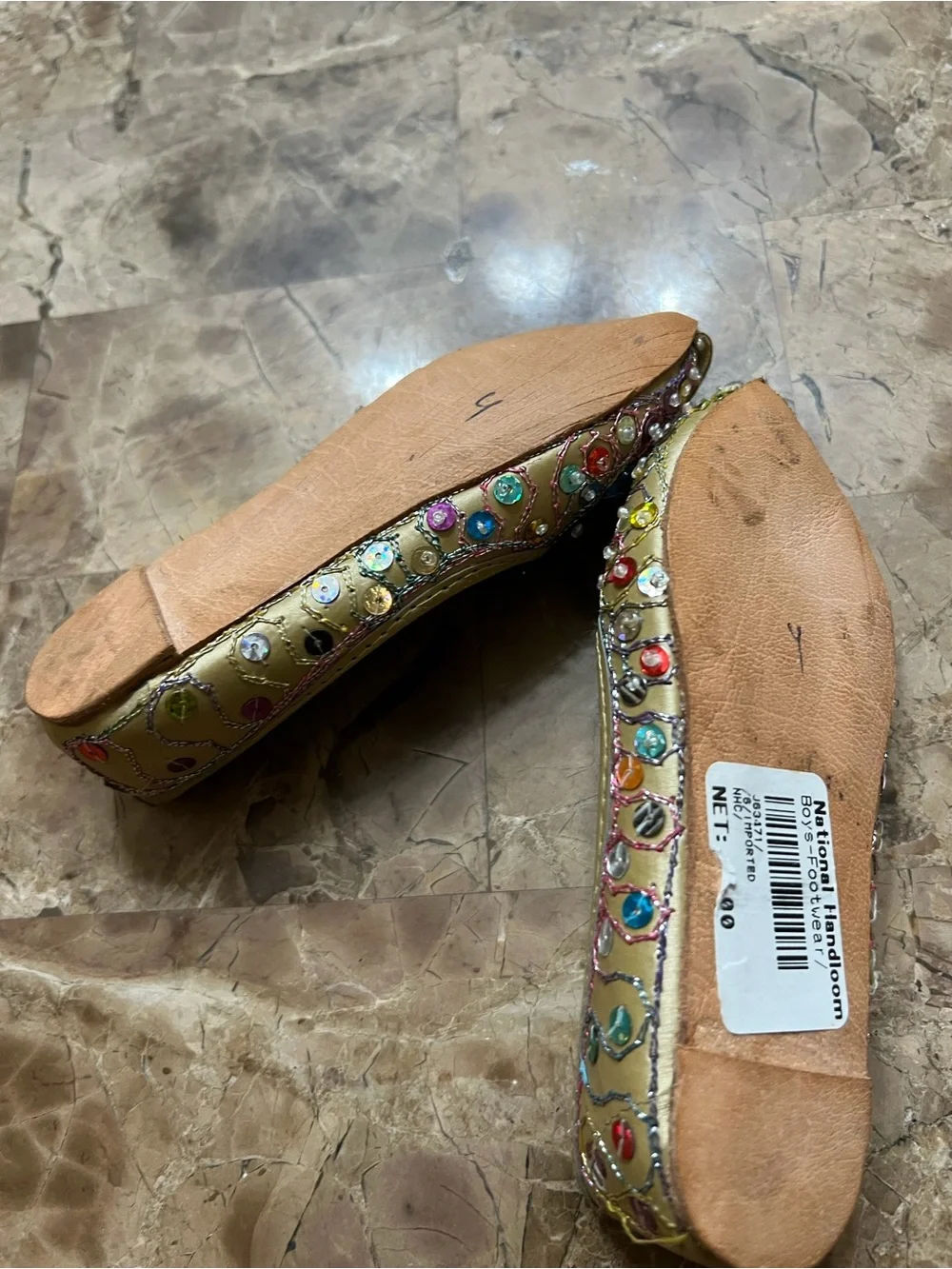 Embellished Gold kid Flats with Red Pom-Pom